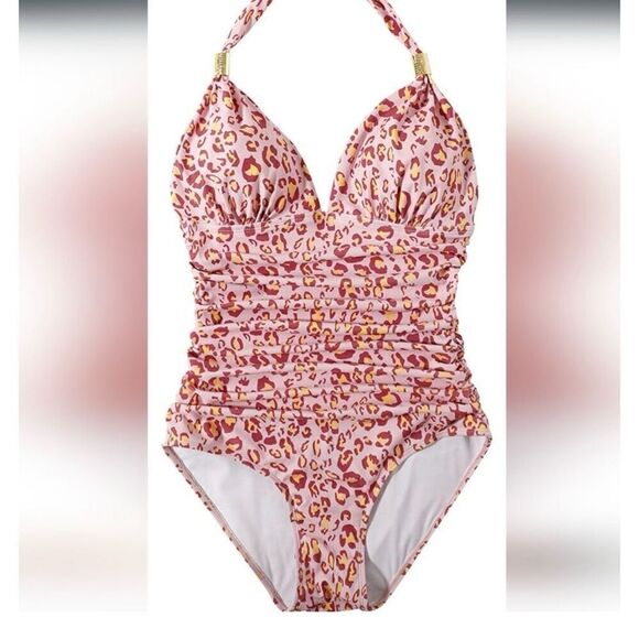 Pink Leopard Ruched Halter One Piece Swimsuit Size XL - Picture 1 of 8